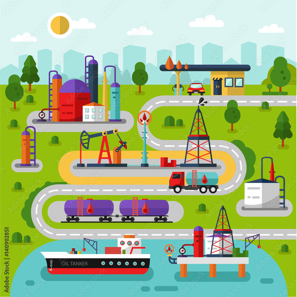 Flat design vector landscape illustration of oil and gas extraction and transportation map. Including rig, pumping station, delivery, storage, factory, gas station, road, cargo tank, tanker.