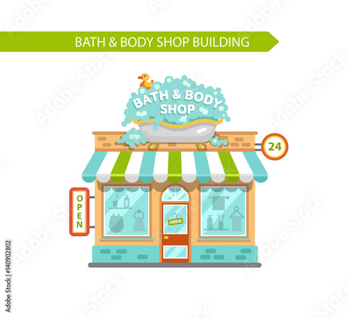 Vector flat style illustration of bath & body shop building. Signboard with big wash tub with foam and duck. Shop vitrine with room utensils. Isolated on white background.