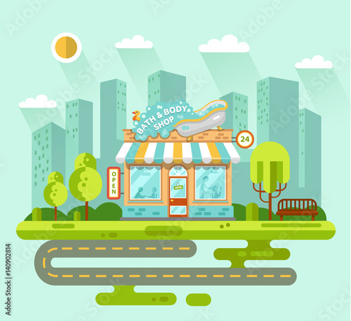 Vector flat style illustration of City landscape with bath & body shop building, street with road, bench, trees, sun. Signboard with big wash tub with foam and duck. Shop vitrine with room utensils.