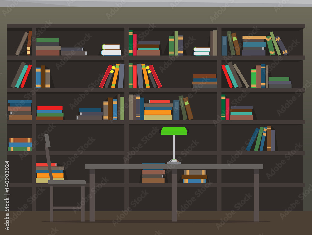 Library Interior with Bookshelves Flat Vector Library Interior with Bookshelves Flat Vector