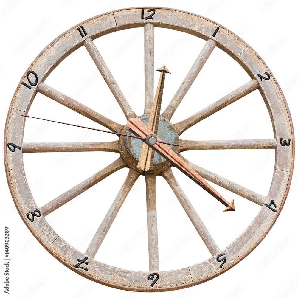 réveil roue de charrette, fond blanc réveil roue de charrette, fond blanc
