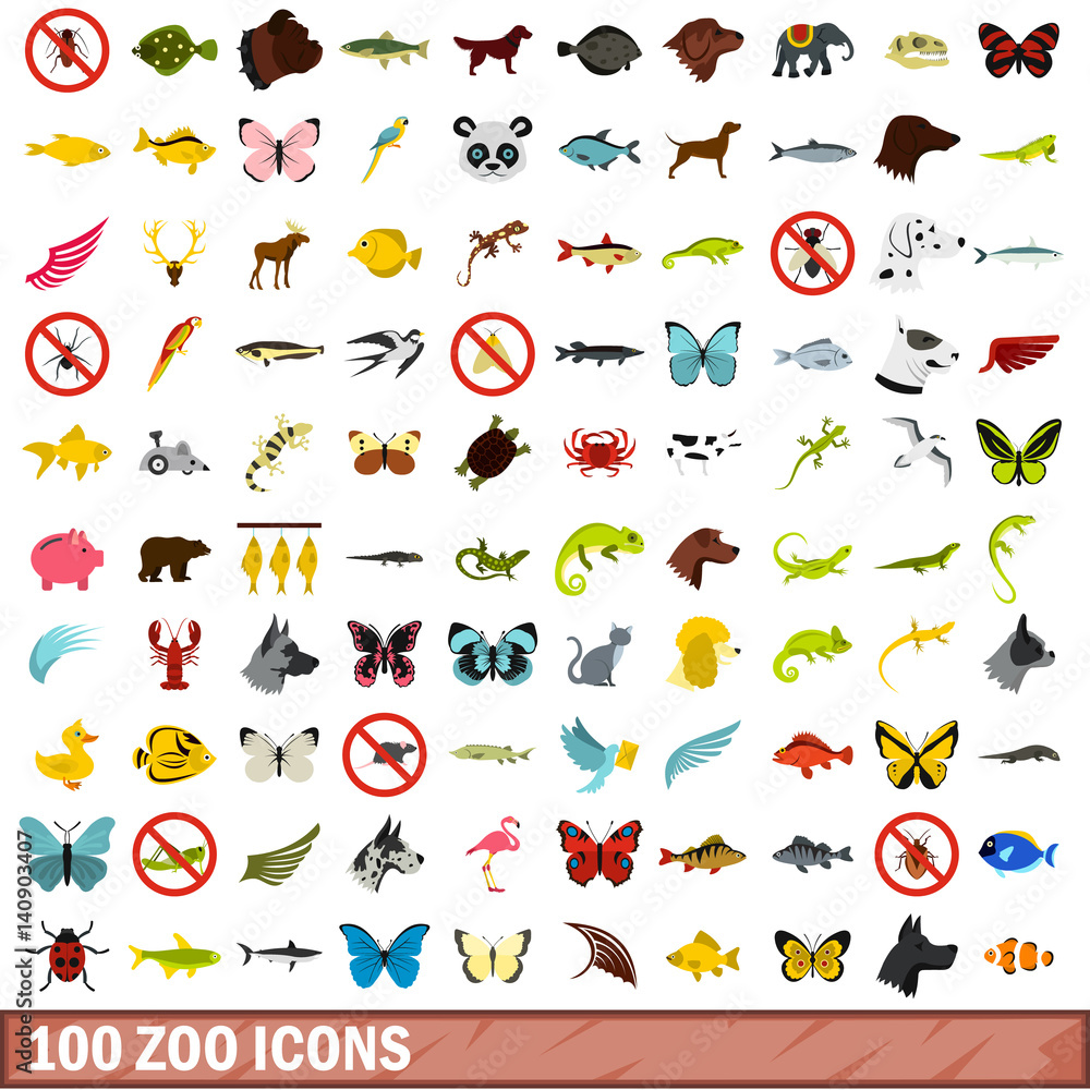 Obraz premium 100 zoo icons set, flat style