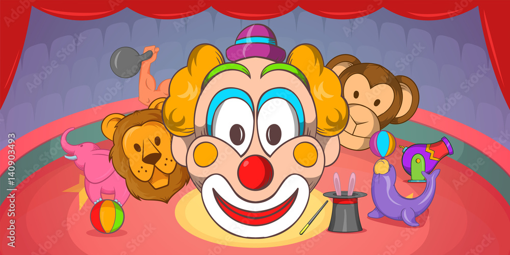 Fototapeta premium Circus horizontal banner clown, cartoon style