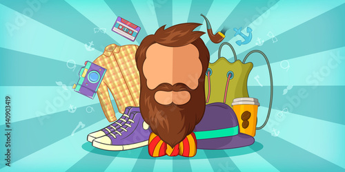Hipster man horizontal banner blue, cartoon style
