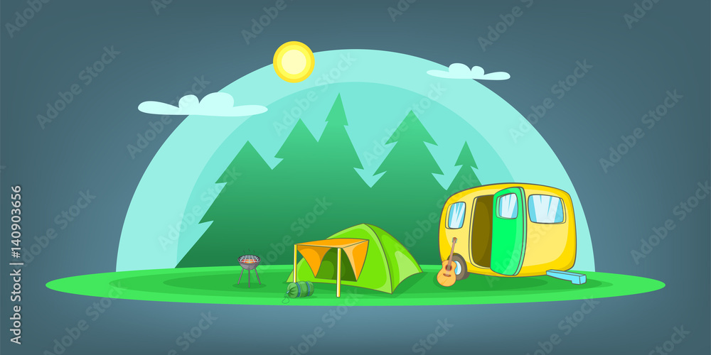 Camping horizontal banner objects, cartoon style Camping horizontal banner objects, cartoon style