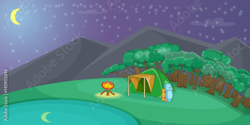 Camping horizontal banner night  cartoon style