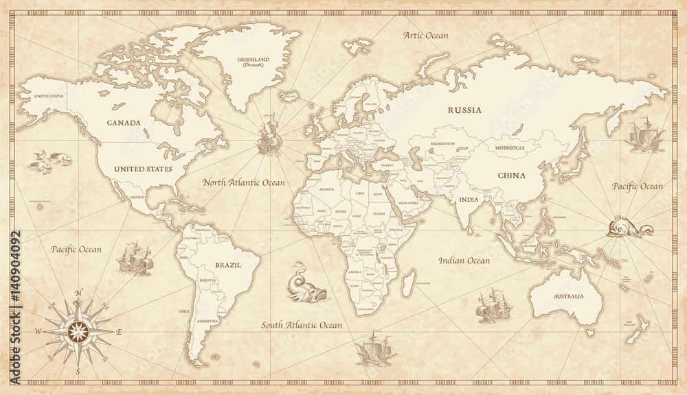 Obraz premium Vintage ilustrowana mapa świata