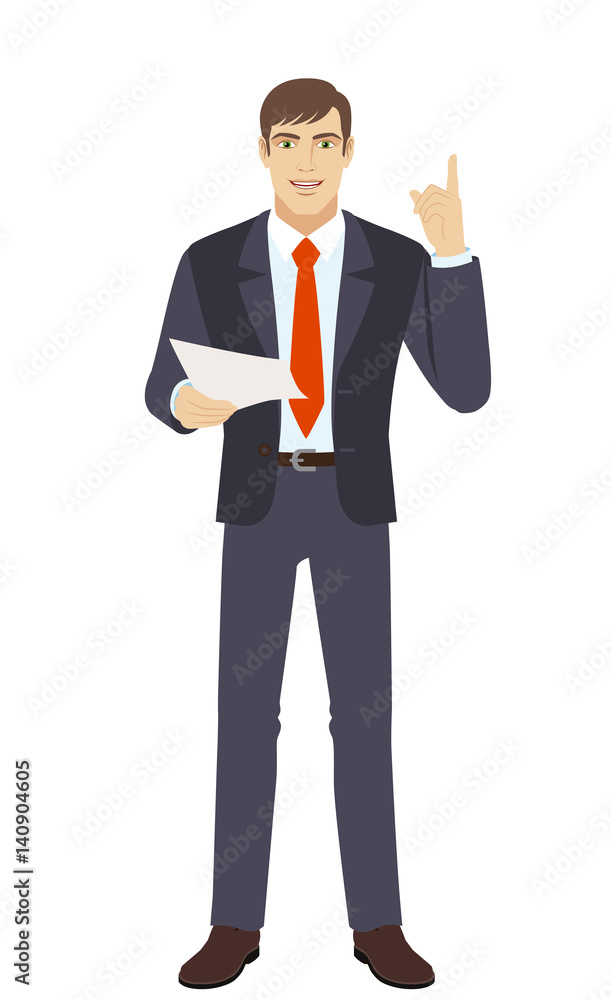 Businessman holding a paper and pointing up