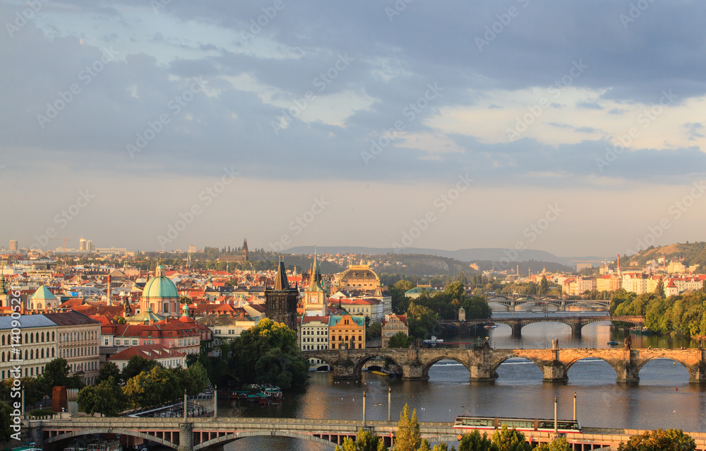 Attractive morning view of Prague bridges and old town, Czech Republic

