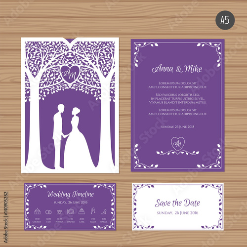 Wedding invitation with bride and groom, and tree. Paper lace envelope template. Wedding invitation envelope mock-up for laser cutting. Vector illustration.
