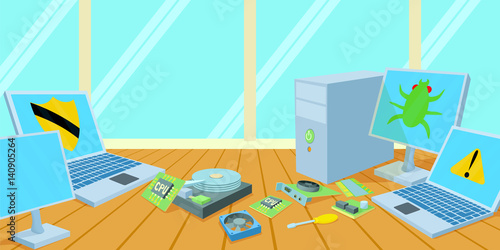 Computers repair horizontal banner, cartoon style