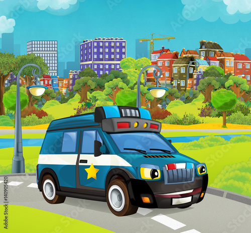 Cartoon stage with police vehicle smiling truck colorful and cheerful scene