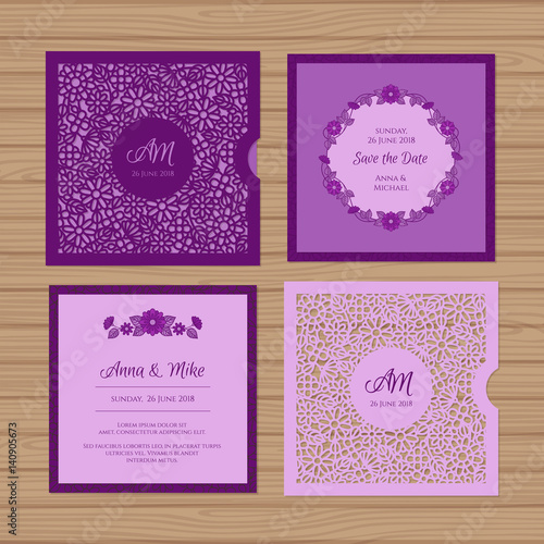 Wedding invitation or greeting card with flower ornament. Cut laser square envelope template. Wedding invitation envelope for laser cutting. Vector illustration.