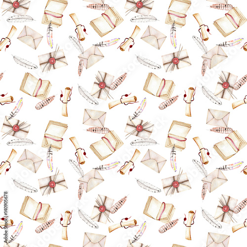 Seamless pattern with watercolor vintage mail envelopes, feathers, open notebook and scroll of parchment , hand drawn on a white background photo