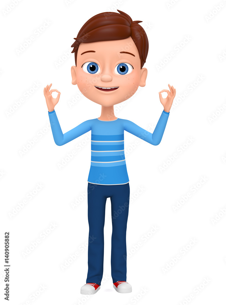 Boy isolated on white background showing okay. 3d rendered illustration. Boy isolated on white background showing okay. 3d rendered illustration.