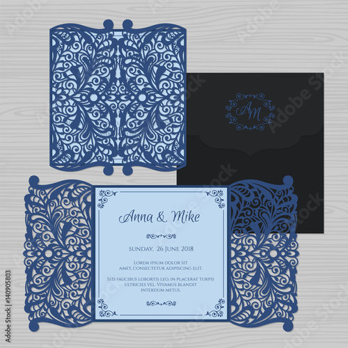 Wedding invitation or greeting card with vintage ornament. Paper lace envelope template. Wedding invitation envelope mock-up for laser cutting. Vector illustration.