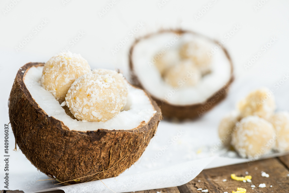 Raw Vegan Coconut and Lemon Truffles in the Coconut Shel Raw Vegan Coconut and Lemon Truffles in the Coconut Shel