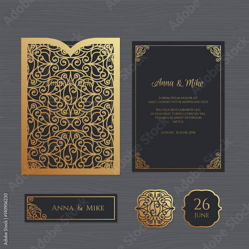 Wedding invitation or greeting card with vintage ornament. Paper lace envelope template. Wedding invitation envelope mock-up for laser cutting. Vector illustration.