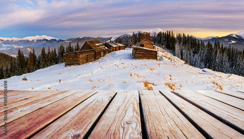 winter mountains landscape with a snowy forest and wooden hut winter mountains landscape with a snowy forest and wooden hut