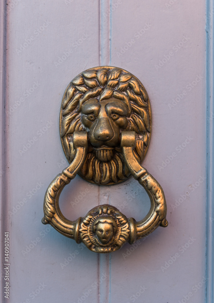 Close up of golden lion head door knocker