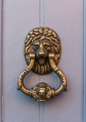 Close up of golden lion head door knocker