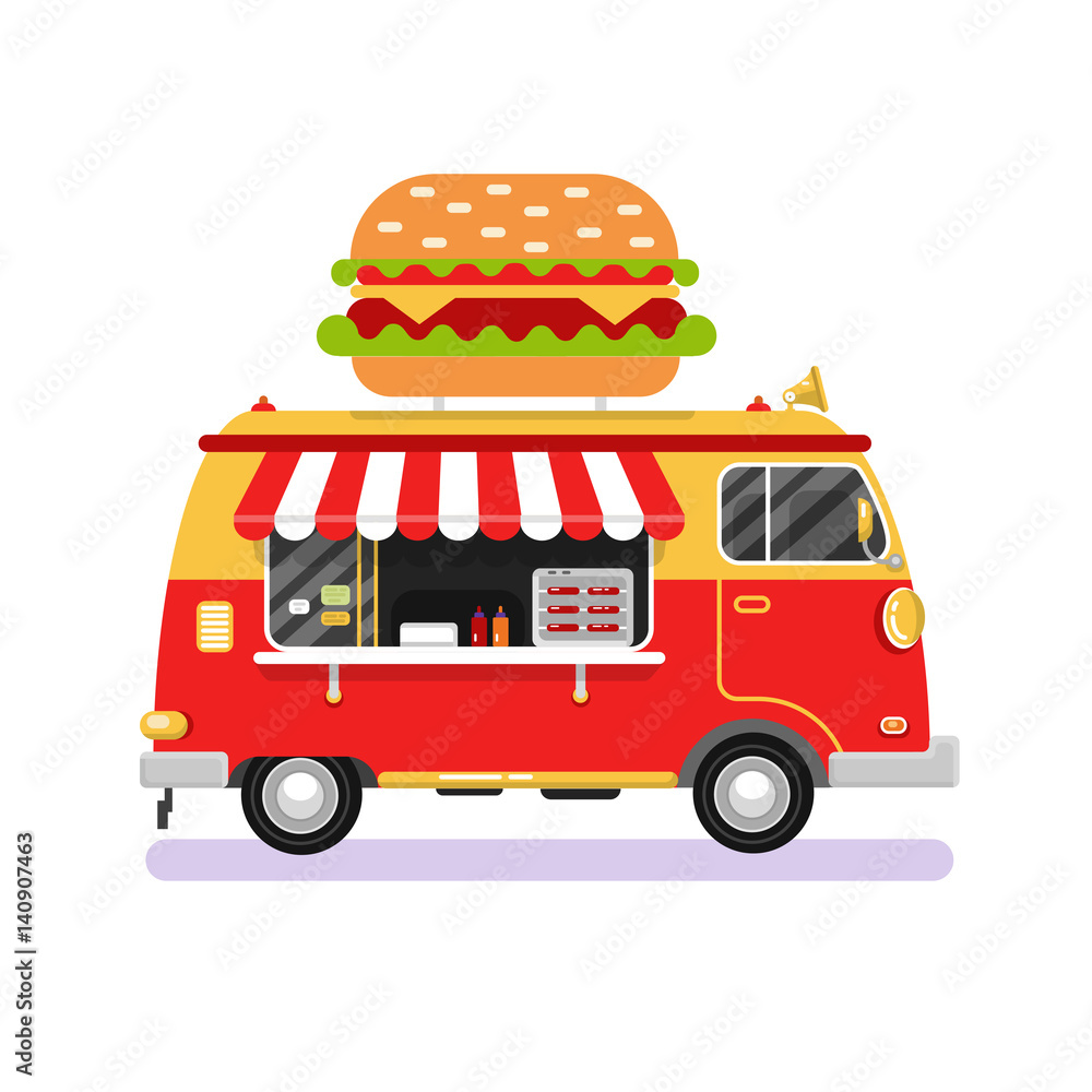 Flat design vector illustration of cartoon fast food car. Mobile retro  vintage shop truck icon with signboard with big tasty hamburger. Van side  view, isolated on white background. Stock Vector | Adobe