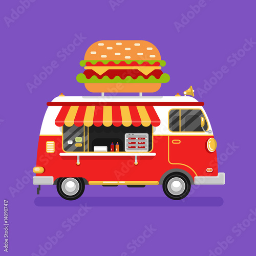 Flat design vector illustration of cartoon fast food car. Mobile retro vintage shop truck icon with signboard with big tasty hamburger. Van side view  isolated