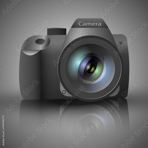 Realistic digital camera with lens on grey background.Vector illustration  photo