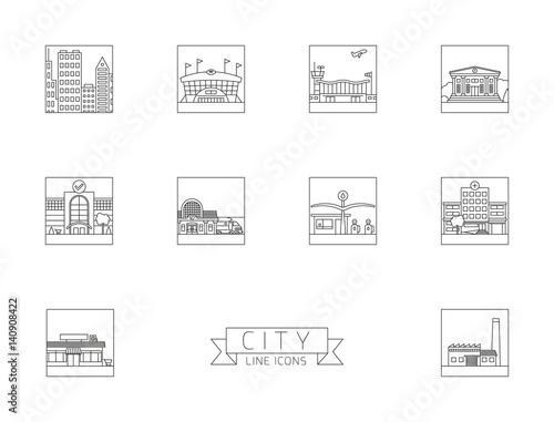 City. Urban buildings and facilities Square Line Icons