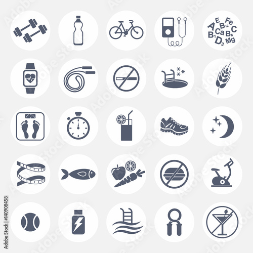 Set of flat vector icons with tips for losing weight. Sport, diet and healthy lifestyle. Gym, workout, exercises, training 