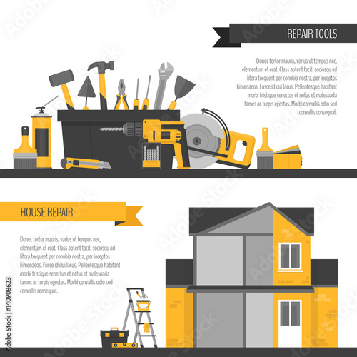 Home repair banner. Construction tools. Hand tools for home renovation and construction. Flat style, vector illustration.
