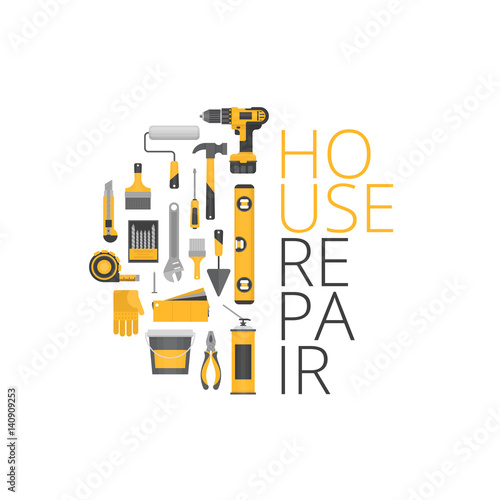 Home repair. Construction tools. Hand tools for home renovation and construction. Flat style, vector illustration.