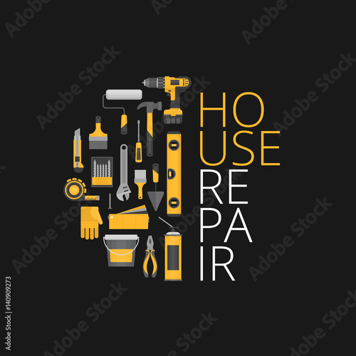 Home repair. Construction tools. Hand tools for home renovation and construction. Flat style, vector illustration.
