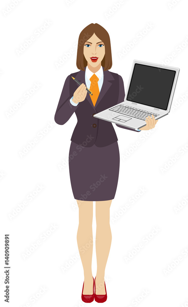 Businesswoman holding a laptop notebook and giving pen for your electronic signature Businesswoman holding a laptop notebook and giving pen for your electronic signature