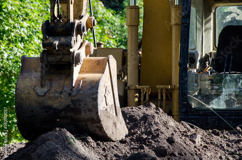 Excavator with bucket resting on pile of dirt