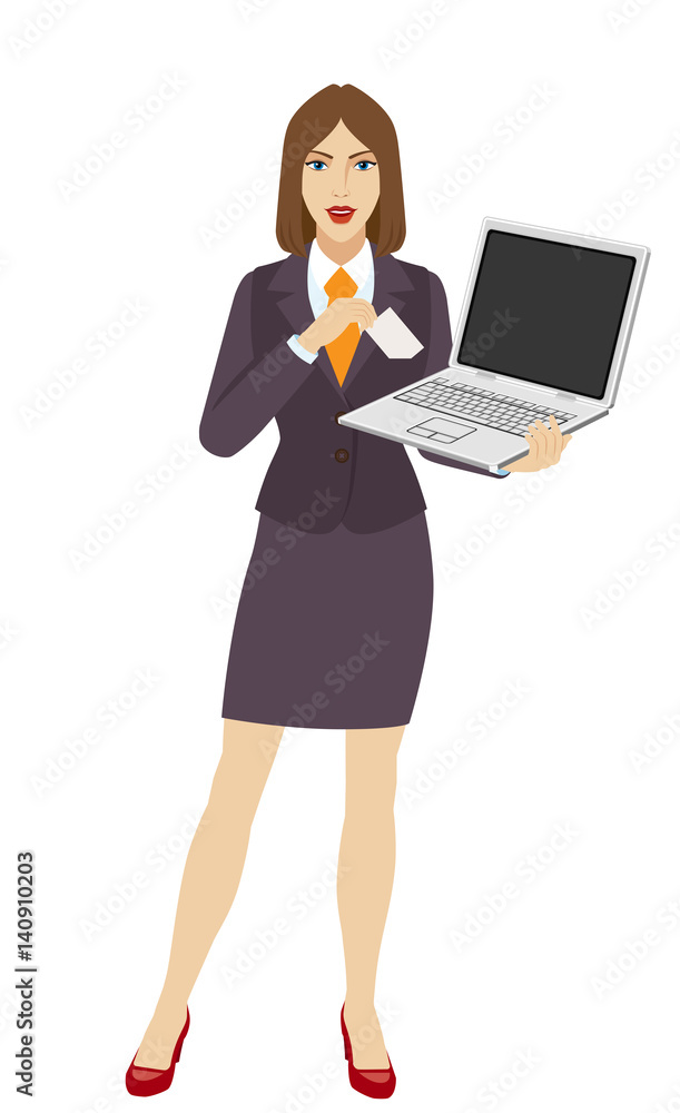 Businesswoman holding a laptop notebook and puts the business-card in his pocket Businesswoman holding a laptop notebook and puts the business-card in his pocket