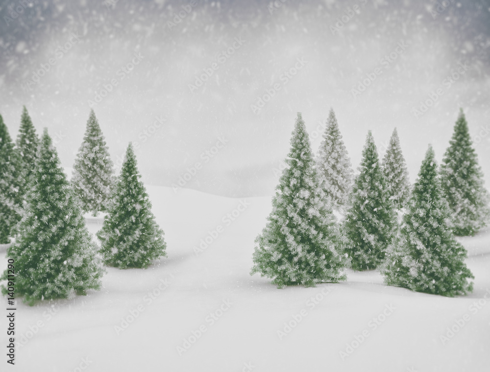 Winter scene snow and green pine trees