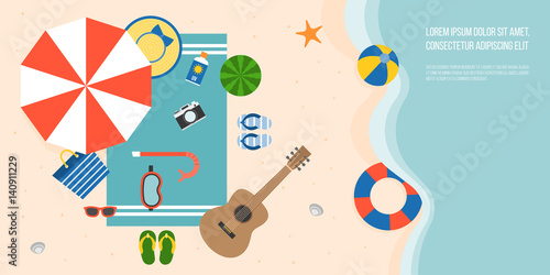 Aerial view of summer beach and sea with parasol, guitar, slippers, snorkel mask , towel, starfish and elements for summertime, flat design vector