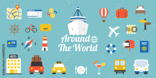 Travel around the world typographic and elements in flat design style, holiday and vacation concept