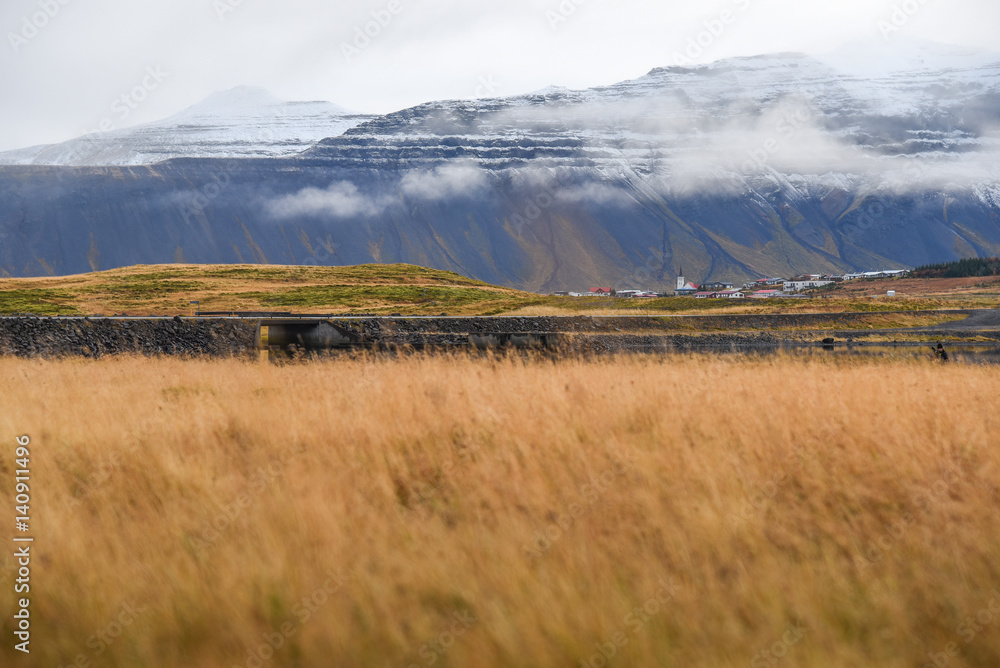 mountain and field landscape in autumn of Iceland