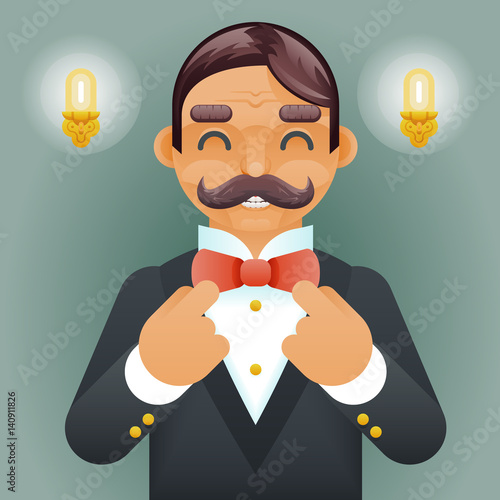 Wealthy Victorian Gentleman Businessman Character Correct Tie Bow Icon Stylish Lamp Background Retro Vintage Great Britain Design Vector Illustration