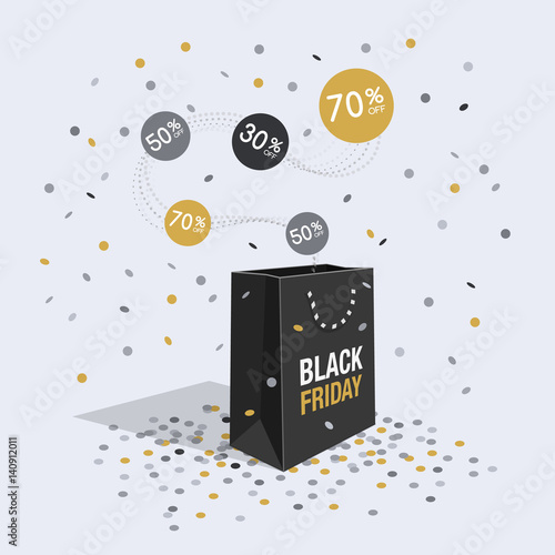 Special offer black friday discount symbol with shopping bag and flow labels isolated on light blue background. Easy to use for your design with transparent shadows.