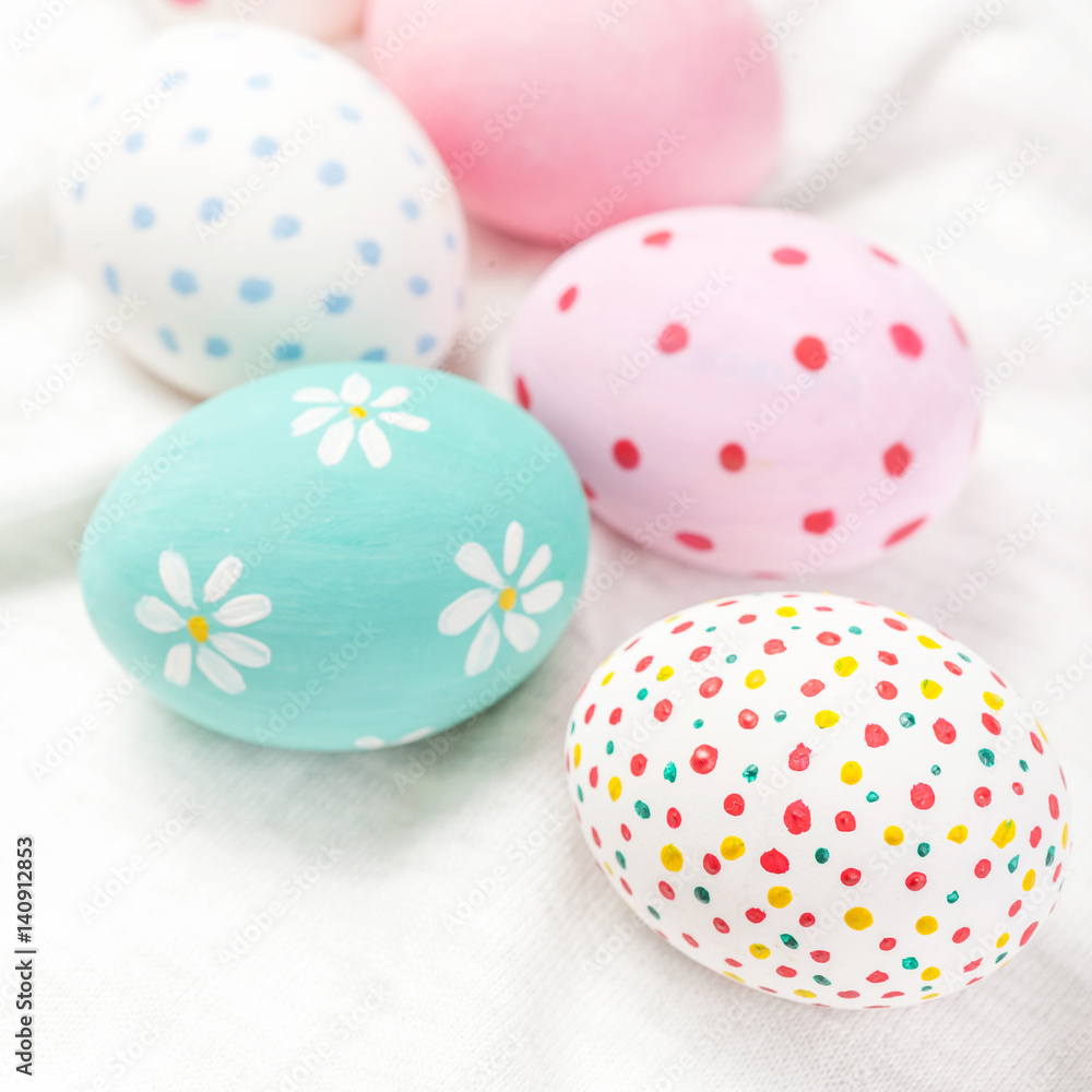 Pastel and colorful easter eggs with copyspace. Happy Easter!.