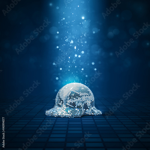 Melted disco ball   3D illustration of fallen mirror ball melting on disco floor