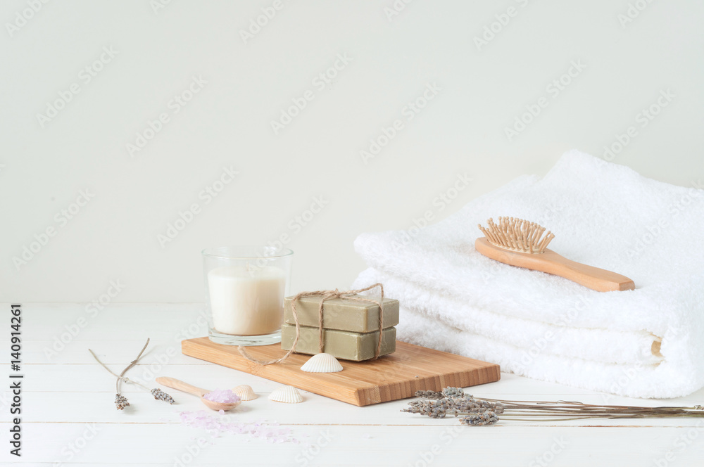 Spa products on light wooden background Spa products on light wooden background