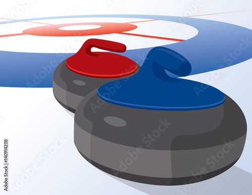 curling rocks on ice near target in perspective view