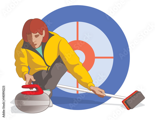 curling player female throwing rock and holding broom with target in background