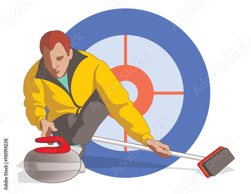 curling player male throwing rock and holding broom with target in background