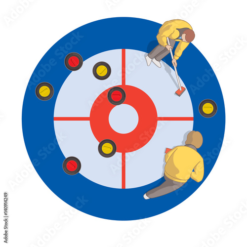 curling players sweeping ice from an aerial view