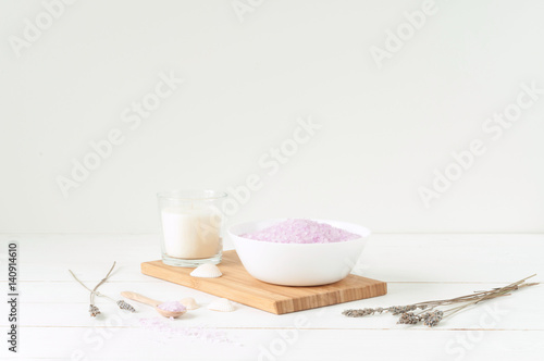 Welness products on light wooden background
